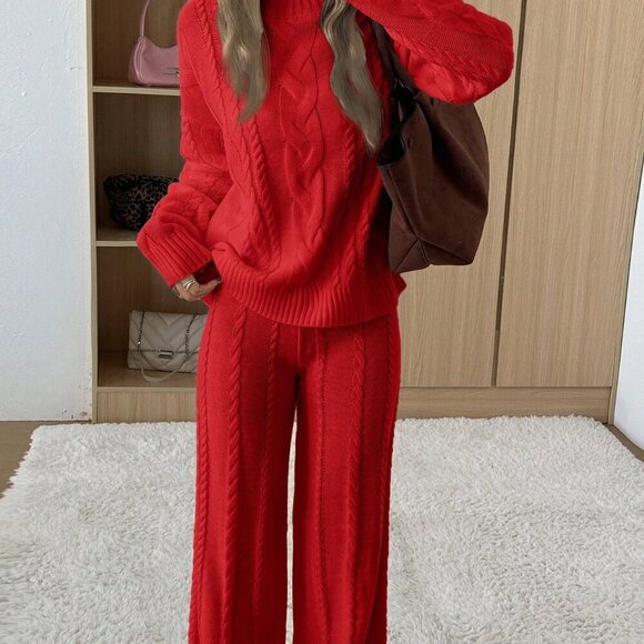 Red Casual Women's Long Sleeve Crew Neck Knit Sweater And Pants Set - Picture 4 of 4
